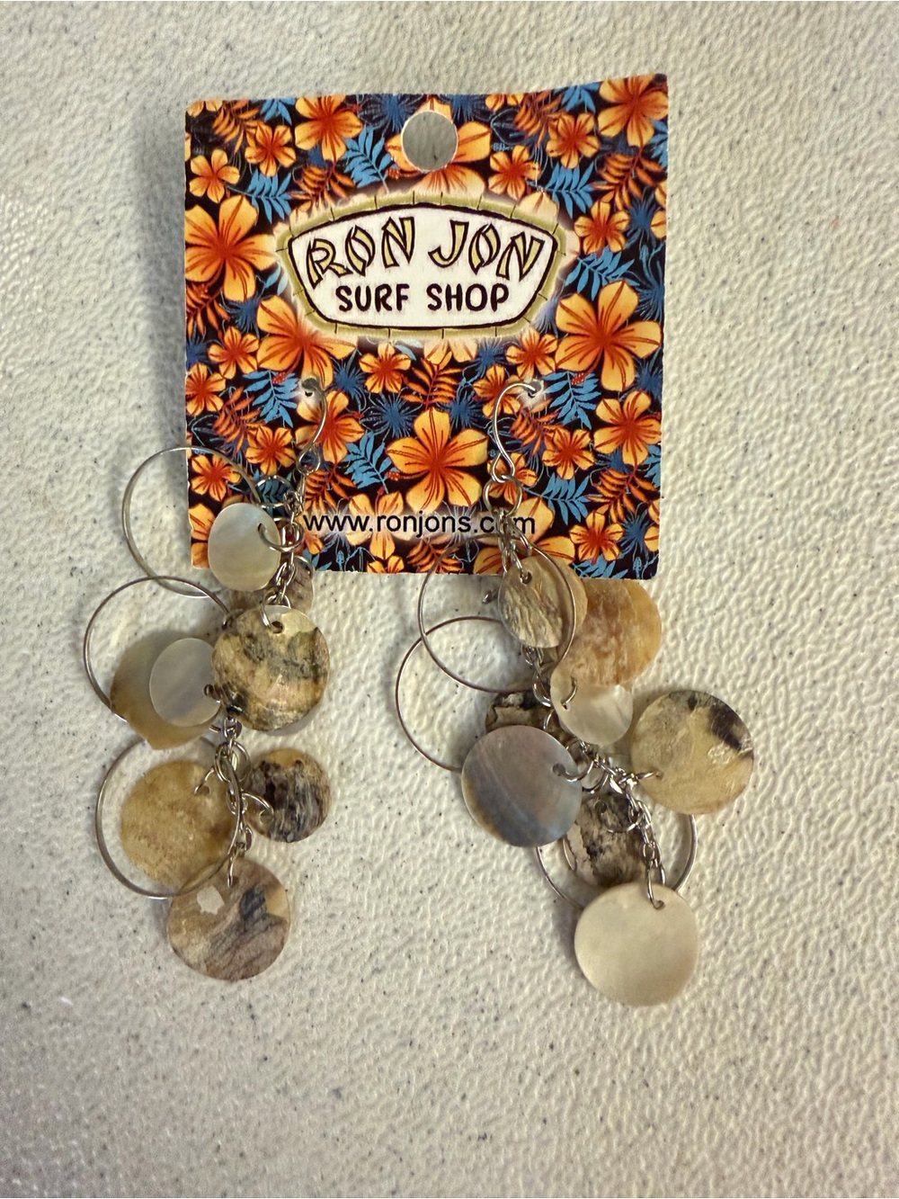 Ron Jon Surf Shop Beige Shell Disc Dangle Earrings with Silver Hoops